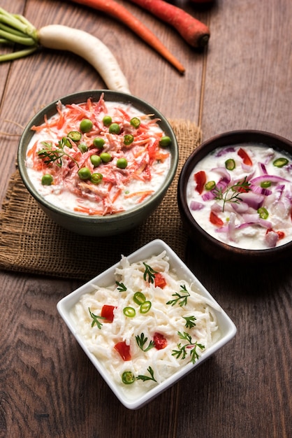 Cebolla, zanahoria, raita de rábano también conocido como Koshimbir. Es un condimento del subcontinente indio, elaborado con dahi o cuajada.