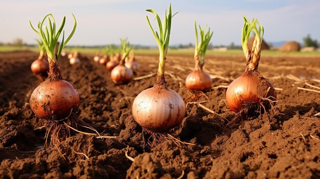 Las cebollas de abundancia enraizadas crecen en el campo