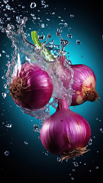 Foto las cebollas están siendo rociadas con agua y el fondo púrpura es salpicaduras de agua