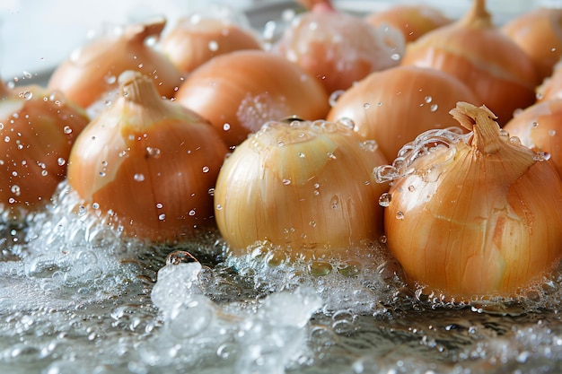 Cebollas frescas lavadas en agua burbujeante con gotas brillantes en bulbos dorados