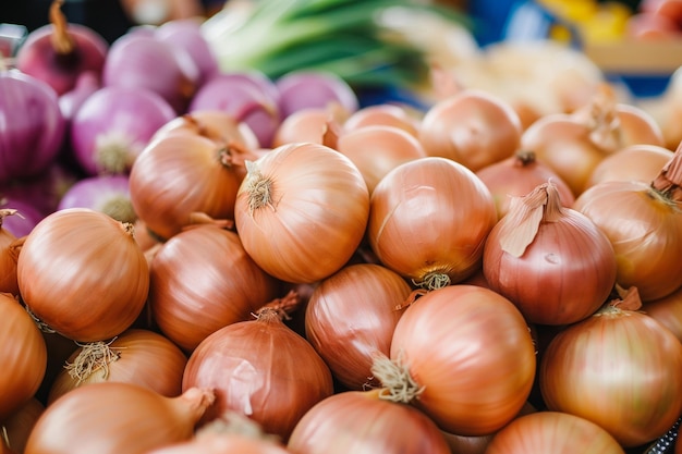 Foto cebollas frescas en un mercado de agricultores