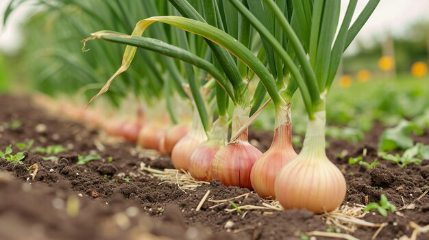 cebollas orgánicas frescas maduras en el jardín