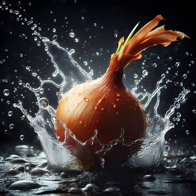 Foto cebollas con salpicaduras de agua cayendo