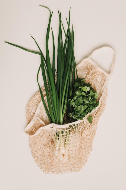 Cebollas verdes frescas en bolsa ecológica sobre fondo blanco vista superior plana Alimentos orgánicos saludables