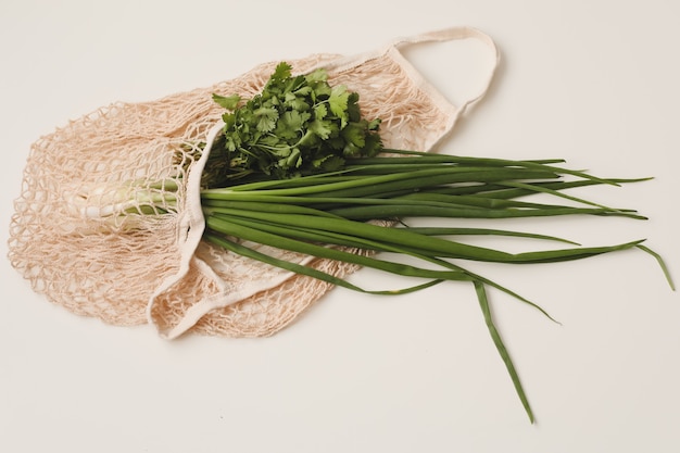 Cebollas verdes y un montón de vegetación fresca en la superficie de alimentos orgánicos saludables ecobag