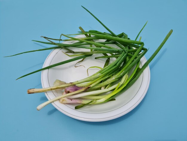 Cebollas verdes en un plato blanco en una vista superior de fondo azul