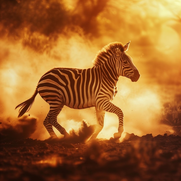 Foto la cebra galopando en el polvo dorado