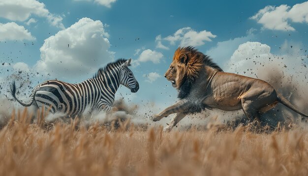 Foto una cebra y un león están corriendo por un campo