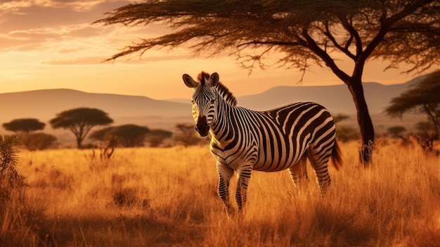 Una cebra pastando en la luz dorada de la sabana africana