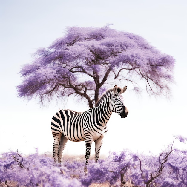 Foto una cebra de pie bajo un árbol de jacaranda