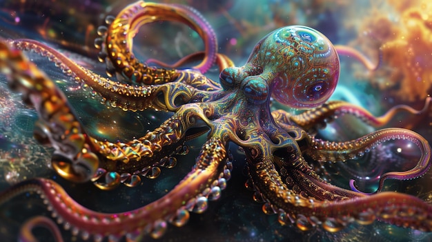Foto cefalópodo cósmico un pulpo hiperrealista brilla con una variedad cósmica de colores y patrones sus tentáculos se extienden por el espacio como nebulosas en una escena submarina de otro mundo