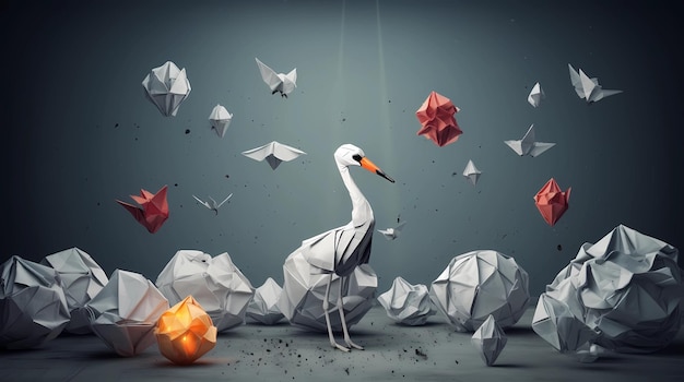 Cegonha branca voando entre os origami de poli baixo Ilustrações de IA gerativas