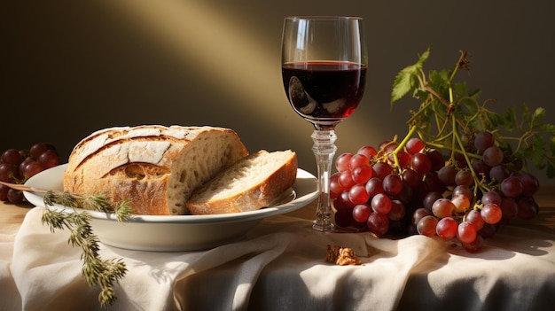 Foto ceia pão vinho e uva na mesa