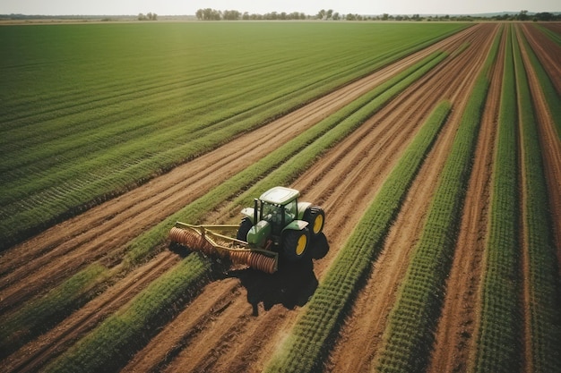 Ceifeira-debulhadora de trator de cena aérea agrícola trabalhando em campo de cereais maduros