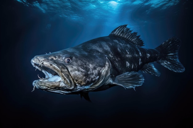 Foto un celacanto una especie de pez rara y prehistórica en su hábitat de aguas profundas
