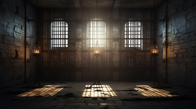 La celda de la prisión con la luz brillando a través de un viento bloqueado