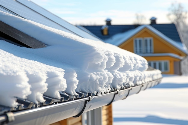 Celdas solares cubiertas de nieve en el techo de una casa