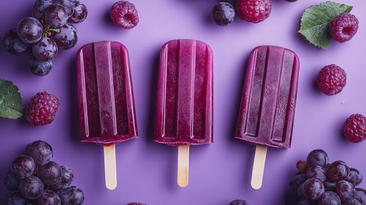 Celebra el Día Nacional del Postre con helados de frutas vibrantes y bayas frescas en una superficie púrpura