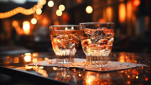 Celebração à noite bebe copo de álcool na mesa de perto