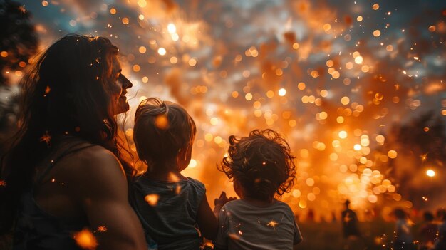 Foto celebração alegre da véspera de ano novo família de cinco pessoas assistindo a espetaculares fogos de artifício no quintal