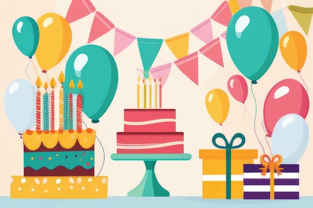 Celebração alegre de aniversário com balões coloridos e confete