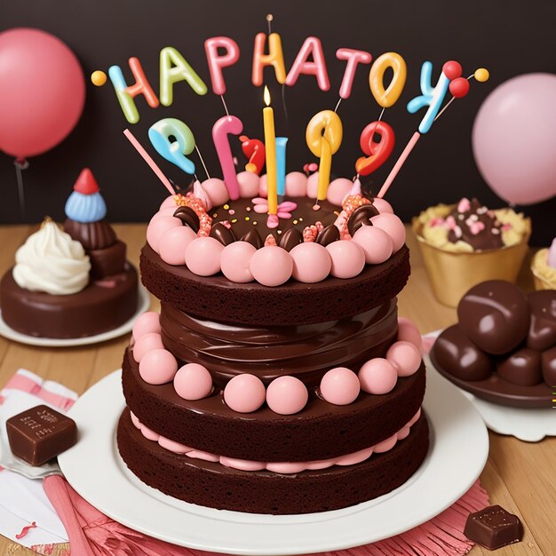 Foto celebração alegre de aniversário com delicioso bolo de chocolate gerado pela ia