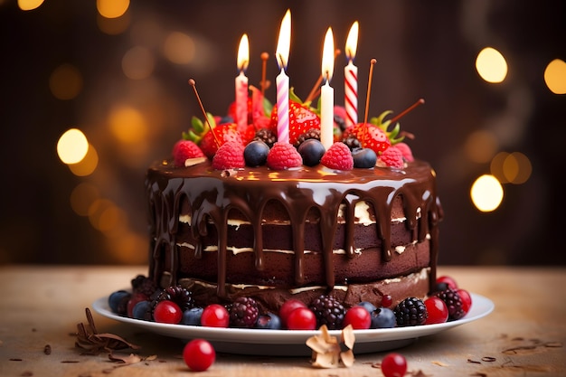 Celebração alegre de aniversário com delicioso bolo de chocolate