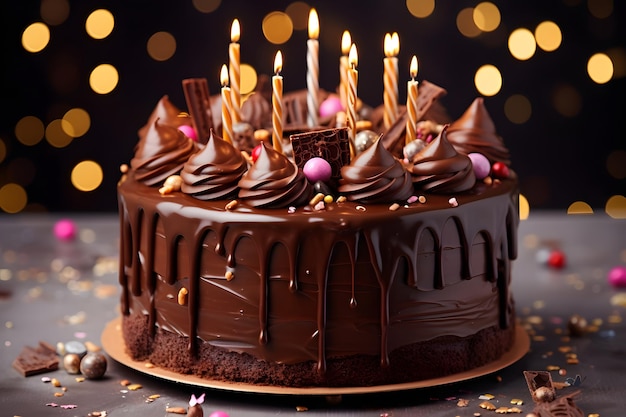 Celebração alegre de aniversário com delicioso bolo de chocolate