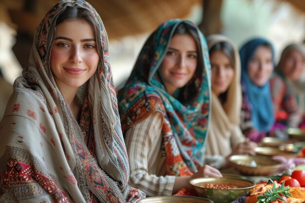 Foto celebração alegre de nowruz mulheres jovens compartilhando refeição tradicional em trajes culturais