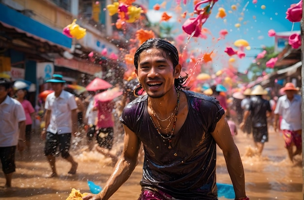 Celebração alegre durante o tradicional Festival da Água na ensolarada Rua Songkran, no sudeste da Ásia