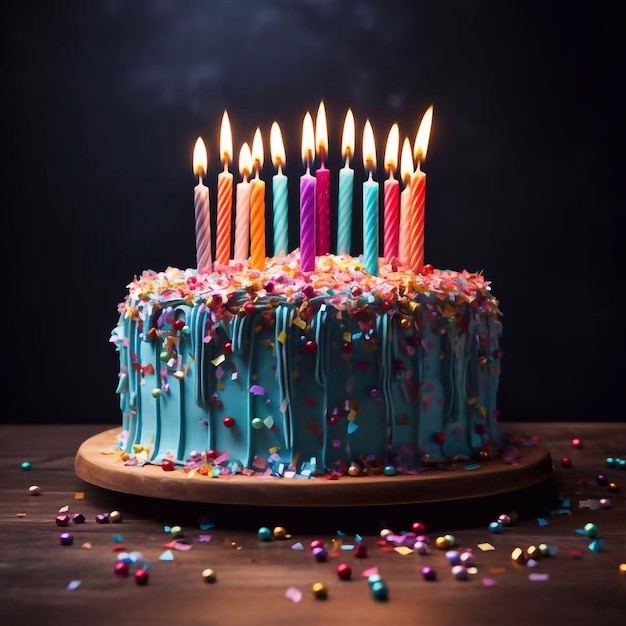 Celebração bolo de aniversário com polvilhas coloridas e vinte e uma velas de aniversário coloridas