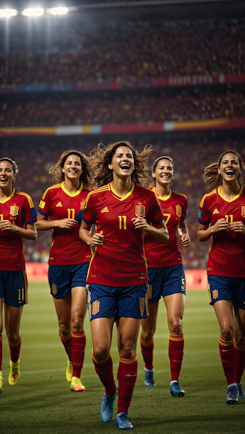 Celebração cinematográfica do triunfo da seleção espanhola de futebol feminino em icônico vermelho e amarelo