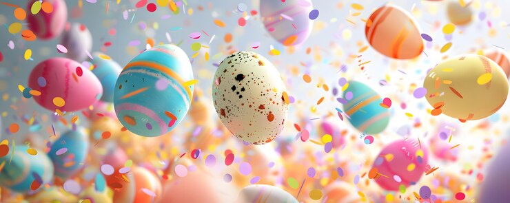 Celebração colorida da Páscoa com ovos flutuantes e confetes