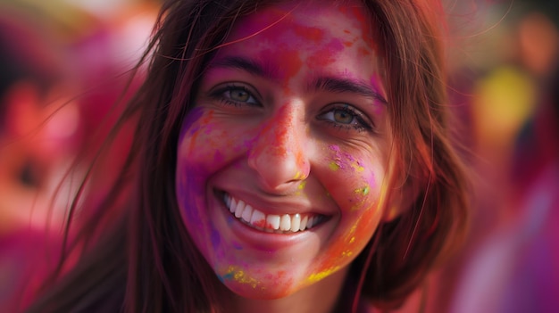 Celebração colorida Homem sorrindo com pintura facial durante o festival holi