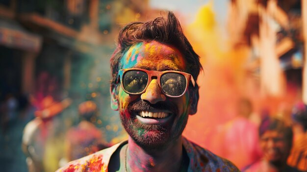Celebração colorida Homem sorrindo com pintura facial durante o festival holi