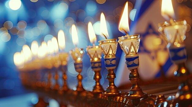 Celebração cultural Hanukkah menorah e bandeira israelense uma perspectiva de close-up