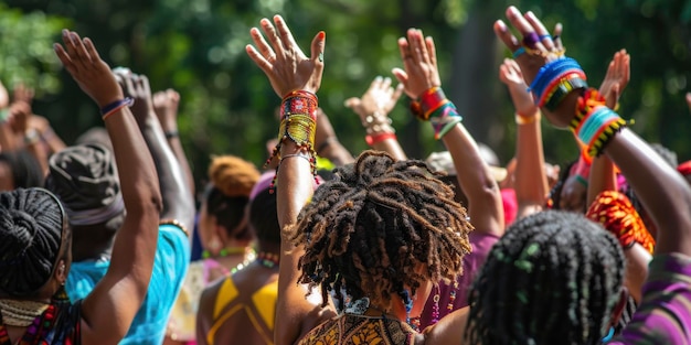 Celebração da Cultura Multidão alegre com as mãos erguidas no Festival ao Ar livre