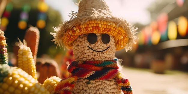 Celebração da festa junina com boneca artesanal de madeira são joão festa brasileira decorada com milho e guirlanda ilustração generativa ai