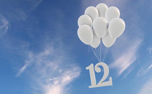 Celebração da festa número 12 Número anexado a um monte de balões brancos contra o céu azul