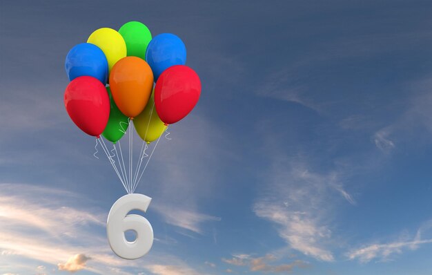 Celebração da festa número 6 Número anexado a um monte de balões renderização em 3D
