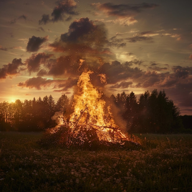 Celebração da fogueira do solstício de verão no campo lituano