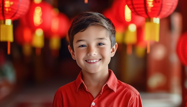 Celebração da lanterna vermelha do ano novo chinês garotinho sorrindo