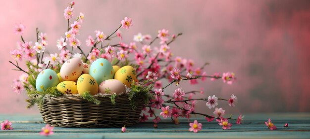 Celebração da Páscoa com ovos coloridos e flores cor-de-rosa em cesto de vime