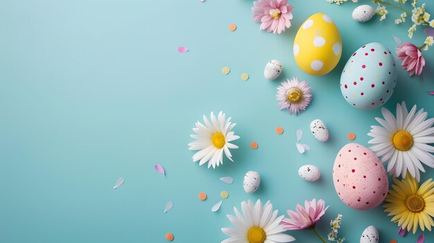 Celebração da Páscoa com ovos coloridos e margaridas brancas em um fundo azul pastel decoração festiva de primavera composição plana criativa AI