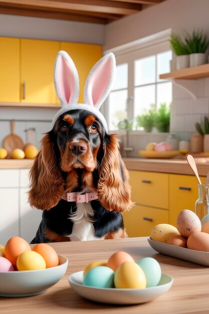 Foto celebração da páscoa um cão cocker spaniel inglês bonito e feliz em orelhas de coelho em uma cozinha