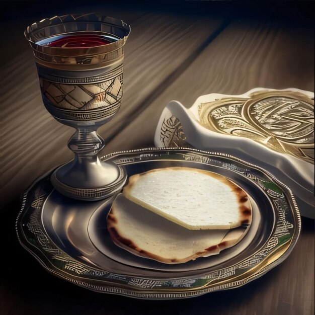 Foto celebração da péscoa conceito judaico festa da páscoa pão e vinho tradicionais