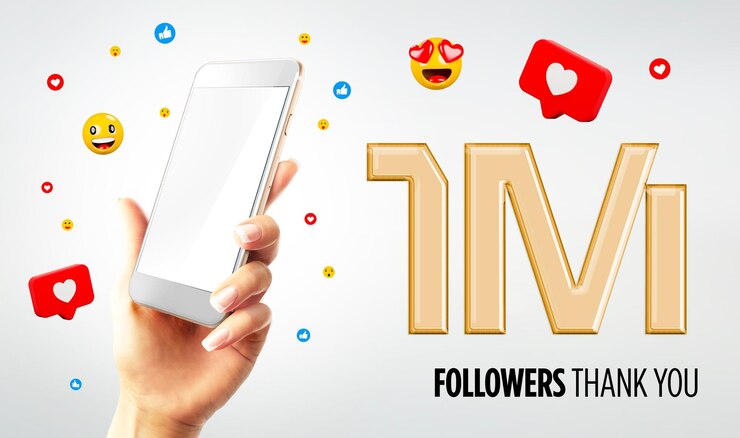 Foto celebração de 1 milhão de seguidores com o smartphone móvel na mão com tela em branco renderização 3d