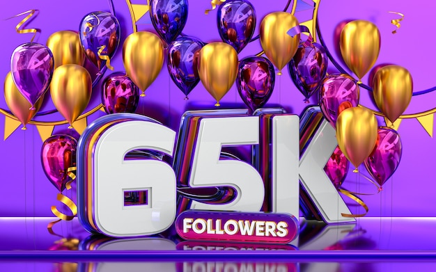 Celebração de 65 mil seguidores, obrigado banner de mídia social com renderização 3d em balão roxo e dourado