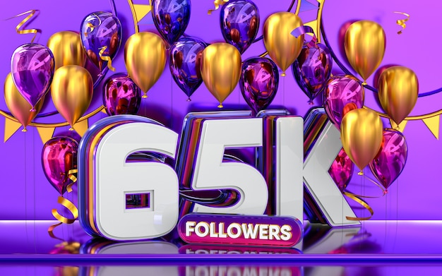 Foto celebração de 65 mil seguidores, obrigado banner de mídia social com renderização 3d em balão roxo e dourado