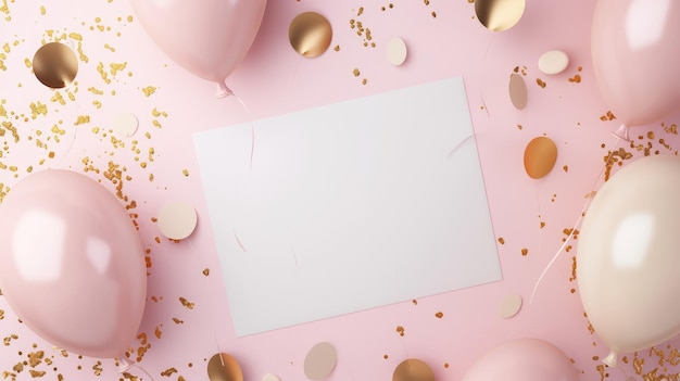 Celebração de aniversário Balões cor-de-rosa e cartão de convite